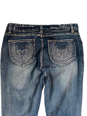 Harley Davidson Very Tall Bootcut Blue Jeans Wing Pockets Women's Size 8